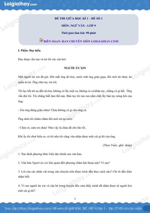 Đề kiểm tra giữa kì 1 Văn 9 - Đề số 1 có lời giải chi tiết